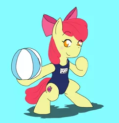 Size: 1989x2048 | Tagged: safe, artist:omegapony16, derpibooru import, apple bloom, earth pony, pony, beach ball, bipedal, bow, clothes, cutie mark, eye clipping through hair, female, filly, hair bow, one-piece swimsuit, school swimsuit, smiling, solo, swimsuit, the cmc's cutie marks
