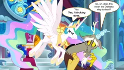 Size: 2000x1125 | Tagged: suggestive, derpibooru import, edit, edited screencap, screencap, discord, princess celestia, princess luna, twilight sparkle, twilight sparkle (alicorn), alicorn, draconequus, pony, the ending of the end, angry, canterlot castle, caption, crown, discord drama, dislestia, drama, female, flying, image macro, jewelry, male, mare, meme, regalia, scared, shipping, shipping denied, speech bubble, straight, swearing, text, vulgar, wings