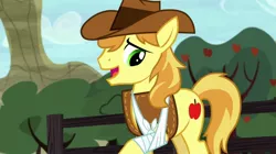 Size: 1024x574 | Tagged: appleoosa's most wanted, bandage, braeburn, broken bone, broken hoof, derpibooru import, safe, screencap