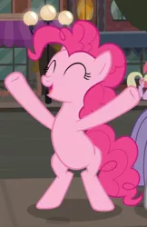 Size: 566x872 | Tagged: safe, derpibooru import, screencap, pinkie pie, earth pony, pony, the gift of the maud pie, bipedal, cropped, eyes closed, female, hooves in air, mare, offscreen character, open mouth, smiling, solo, underhoof