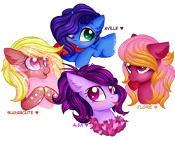 Size: 997x801 | Tagged: safe, artist:blumydia, derpibooru import, oc, oc:alea, oc:aville, oc:florie, oc:sugarcute, unofficial characters only, pony, base used, female, heart, heart pillow, mare, mouth hold, pillow, simple background, transparent background