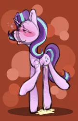 Size: 752x1160 | Tagged: suggestive, artist:rustypennies, deleted from derpibooru, derpibooru import, starlight glimmer, unicorn, blushing, colored sketch, desperation, drunk, drunker glimmer, drunklight glimmer, need to pee, omorashi, peeing on the floor, pissing, potty emergency, potty time, relief, sketch, urine