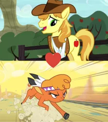 Size: 1024x1152 | Tagged: appleoosa's most wanted, braeburn, braeheart, derpibooru import, female, little strongheart, male, over a barrel, safe, shipping, shipping domino, straight