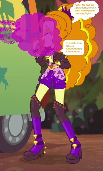 Size: 508x838 | Tagged: safe, banned from derpibooru, deleted from derpibooru, derpibooru import, edit, edited screencap, editor:thomasfan45, screencap, adagio dazzle, human, equestria girls, equestria girls series, sunset's backstage pass!, spoiler:eqg series (season 2), 1000 hours in ms paint, adoragio, boots, bracelet, bush, clothes, cropped, cute, description is relevant, disguise, disguised siren, female, forest, gas, happy, headband, image, implied sonata dusk, jacket, jpeg, laughing, laughing gas, offscreen character, open mouth, outdoors, shoes, smiling, smoke cloud, solo, speech bubble, spiked headband, spiked wristband, spray, starswirl music festival, story included, thought bubble, tour bus, wristband