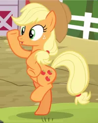 Size: 604x758 | Tagged: safe, derpibooru import, screencap, applejack, earth pony, pony, applejack's "day" off, bipedal, chicken dance, cropped, female, freckles, mare, open mouth, silly, silly pony, solo, underhoof, who's a silly pony