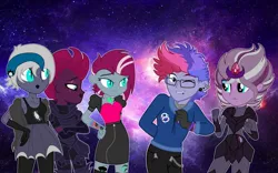 Size: 1280x800 | Tagged: safe, artist:doodleponyxx, artist:ravenwolf-bases, derpibooru import, tempest shadow, oc, oc:cyclone (ice1517), oc:elizabat stormfeather, oc:sergeant powershift, oc:ultraviolet ray, icey-verse, equestria girls, armor, base used, brother and sister, canon x oc, chains, clothes, coat, crossed arms, ear piercing, earring, equestria girls-ified, eye scar, eyeshadow, family, female, fingerless gloves, glasses, gloves, hoodie, jeans, jewelry, lesbian, lip piercing, lipstick, magical lesbian spawn, makeup, male, miniskirt, mother and child, mother and daughter, mother and son, multicolored hair, offspring, one eye closed, pants, pantyhose, parent:oc:elizabat stormfeather, parent:tempest shadow, parents:canon x oc, parents:stormshadow, piercing, scar, shipping, shirt, siblings, sisters, skirt, socks, stockings, stormshadow, tanktop, tattoo, thigh highs, wall of tags, wink, wristband