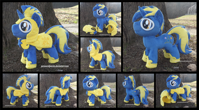 Size: 4725x2625 | Tagged: safe, artist:peruserofpieces, derpibooru import, oc, oc:bluestar, unicorn, armor, custom, glasses, irl, male, photo, plushie, royal guard, royal guard armor, solo, stallion, toy