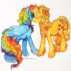 Size: 600x600 | Tagged: safe, artist:hollifo, derpibooru import, applejack, rainbow dash, earth pony, pegasus, pony, appledash, beautiful, cowboy hat, eyes closed, female, hat, kissing, lesbian, nuzzling, shipping, simple background, traditional art, unshorn fetlocks, watercolor painting, white background