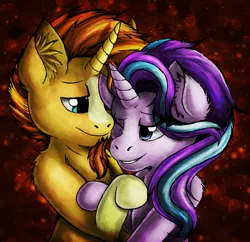 Size: 1956x1891 | Tagged: safe, artist:kukotte, derpibooru import, starlight glimmer, sunburst, pony, unicorn, abstract background, chest fluff, ear fluff, facial hair, female, goatee, lidded eyes, male, mare, missing accessory, shipping, smiling, stallion, starburst, straight