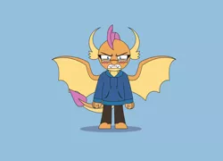 Size: 2870x2068 | Tagged: alternate version, angry, artist:gd_inuk, blue background, blushing, clenched fist, clenched teeth, clothes, derpibooru import, dragon, dragoness, egghead, female, glasses, high res, hoodie, humiliated, imminent rage, looking at you, pants, safe, shrunken pupils, simple background, smolder, smoldere, smolder is not amused, solo, standing, tsundere, unamused, urge to kill rising