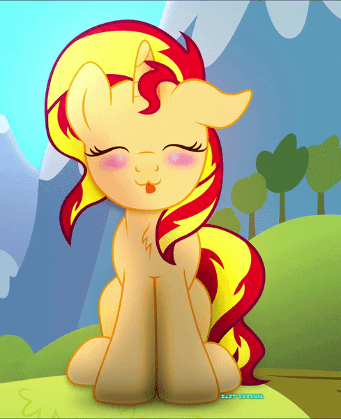 Size: 600x736 | Tagged: safe, artist:bastbrushie, derpibooru import, part of a set, sunset shimmer, pony, unicorn, animated, bastbrushie is trying to kill us, blushing, chest fluff, cute, daaaaaaaaaaaw, dancing, ear down, eyes closed, female, gif, happy, mare, raspberry, shimmerbetes, sitting, solo, tongue out