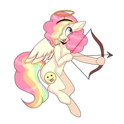 Size: 4300x4300 | Tagged: safe, artist:tuzz-arts, derpibooru import, oc, oc:cheery candy, unofficial characters only, pegasus, pony, angel, arrow, bow (weapon), bow and arrow, commission, cupid, cute, female, flying, freckles, hair over one eye, halo, headband, mare, multicolored hair, open mouth, rainbow hair, raised hoof, raised leg, simple background, solo, transparent background, weapon, ych result