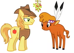 Size: 2027x1455 | Tagged: safe, derpibooru import, edit, braeburn, little strongheart, buffalo, earth pony, pony, braeheart, christmas, female, holiday, male, mistleholly, shipping, simple background, straight, white background
