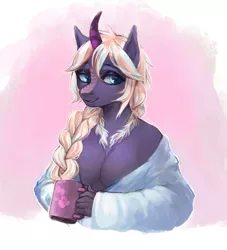 Size: 1280x1410 | Tagged: absolute cleavage, anthro, anthro oc, artist:elzafox, braid, breasts, cleavage, clothes, coffee, cute, derpibooru import, female, kirin, kirin oc, mug, oc, off shoulder, solo, solo female, suggestive, unofficial characters only