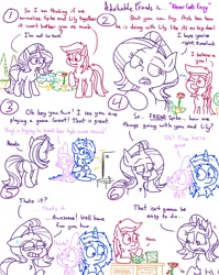 Size: 4779x6013 | Tagged: safe, artist:adorkabletwilightandfriends, derpibooru import, lily, lily valley, roseluck, spike, starlight glimmer, vinyl scratch, dragon, earth pony, pony, unicorn, comic:adorkable twilight and friends, adorkable, adorkable friends, advice, butt, comic, cute, difficult, dork, flower, love, one eye closed, plot, romance, shop, slice of life, upset, video game, wink