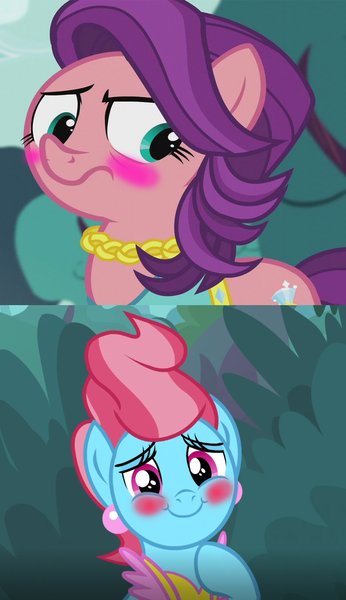 Size: 672x1166 | Tagged: safe, derpibooru import, edit, edited screencap, screencap, cup cake, spoiled rich, earth pony, pony, crusaders of the lost mark, the big mac question, blushing, female, infidelity, lesbian, mare, shipping, shipping domino, spoiledcake