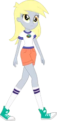 Size: 1280x2741 | Tagged: safe, artist:marcorois, derpibooru import, derpy hooves, equestria girls, legend of everfree, background human, camp everfree logo, camp everfree outfits, clothes, converse, cute, female, legs, shirt, shoes, shorts, simple background, smiling, sneakers, socks, solo, t-shirt, transparent background, vector, walking