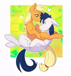 Size: 865x923 | Tagged: safe, artist:cookietasticx3, derpibooru import, applejack, oc, oc:constance everheart, earth pony, pony, blushing, canon x oc, cute, everjack, eye contact, female, heart, lidded eyes, looking at each other, male, mare, shipping, stallion, straight