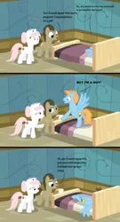 Size: 1221x2262 | Tagged: safe, artist:midwestbrony, derpibooru import, doctor whooves, nurse redheart, time turner, oc, oc:harmony star, earth pony, pony, bed, comic, cutie mark, dialogue, female, hospital, male, mare, stallion