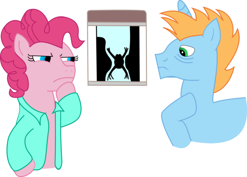 Size: 900x645 | Tagged: safe, artist:red-pear, derpibooru import, pinkie pie, oc, oc:harmony star, alicorn, frog, pony, alicorn oc, clothes, cutie mark, duo, hoof on chin, horn, lab coat, male, pun, simple background, stallion, throat, transparent background, visual pun, wings, x-ray picture