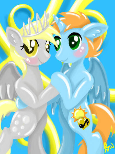 Size: 480x640 | Tagged: alicorn, alicorn oc, artist:silvercommando, bipedal, crown, dancing, derpibooru import, derpy hooves, duo, horn, jewelry, male, oc, oc:harmony star, pegasus, regalia, safe, stallion, wings