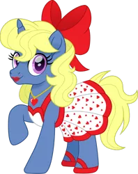 Size: 1280x1617 | Tagged: safe, artist:cloudyglow, derpibooru import, oc, oc:azure/sapphire, pony, unicorn, bow, clothes, crossdressing, dress, femboy, hair bow, heart, heart necklace, lipstick, makeup, male, raised hoof, red bow, shoes, simple background, transparent background