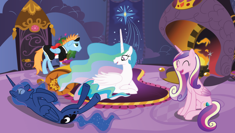 Size: 3253x1843 | Tagged: alicorn, alicorn oc, artist:techrainbow, clothes, derpibooru import, fire, fireplace, horn, laughing, maid, missing accessory, oc, oc:harmony star, on back, princess cadance, princess celestia, princess luna, prone, safe, wings