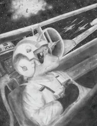 Size: 1319x1710 | Tagged: anthro, anthro oc, artist:millenniumfalsehood, derpibooru import, grayscale, monochrome, oc, oc:harmony star, pilot, safe, space, starfighter, star wars, traditional art, unofficial characters only, x-wing