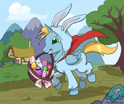 Size: 900x754 | Tagged: alicorn, alicorn oc, animal costume, artist:joieart, basket, bunny costume, clothes, costume, derpibooru import, easter bunny, easter egg, horn, kigurumi, mouth hold, oc, oc:harmony star, safe, wings