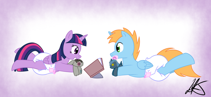 Size: 1440x666 | Tagged: questionable, artist:liljdude, derpibooru import, smarty pants, twilight sparkle, twilight sparkle (alicorn), oc, oc:harmony star, alicorn, pony, alicorn oc, book, canon x oc, cute, diaper, diaper fetish, female, fetish, horn, male, mare, pacifier, plushie, poofy diaper, reading, shipping, storytelling, straight, twimony, wings