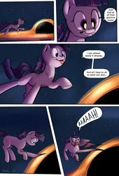 Size: 1920x2816 | Tagged: safe, artist:shieltar, derpibooru import, part of a set, twilight sparkle, pony, unicorn, comic:giant twilight, accretion disk, black hole, comic, cute, dialogue, female, giant pony, giantess, horn, macro, mare, part of a series, pony bigger than a planet, pony bigger than a solar system, pony bigger than a star, signature, size difference, solo, space, stars, this will end in spaghettification, too dumb to live, twiabetes, unicorn twilight