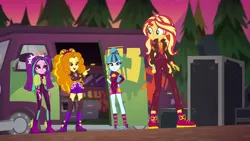 Size: 1920x1080 | Tagged: safe, derpibooru import, screencap, adagio dazzle, aria blaze, sonata dusk, sunset shimmer, equestria girls, equestria girls series, sunset's backstage pass!, spoiler:eqg series (season 2), armlet, bracelet, clothes, converse, food, geode of empathy, jacket, jewelry, leather jacket, magical geodes, music festival outfit, shoes, shorts, sneakers, socks, spiked headband, spiked wristband, taco, taco dress, the dazzlings, wristband