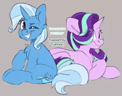 Size: 2540x2000 | Tagged: safe, artist:spoopygander, derpibooru import, starlight glimmer, trixie, pony, unicorn, chest fluff, duo, eye clipping through hair, female, high res, lying down, mare, one eye closed, prone, sitting, smiling, thank you