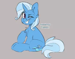 Size: 2540x2000 | Tagged: safe, artist:spoopygander, derpibooru import, trixie, pony, unicorn, chest fluff, ear fluff, female, gray background, grin, looking at you, mare, one eye closed, simple background, sitting, smiling, solo, wink, winking at you
