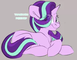 Size: 2540x2000 | Tagged: safe, artist:spoopygander, derpibooru import, starlight glimmer, pony, unicorn, chest fluff, crossed arms, eye clipping through hair, female, gray background, looking at you, looking back, lying down, mare, prone, simple background, smiling, solo
