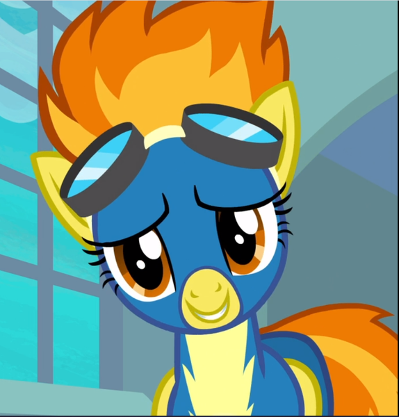 Size: 900x941 | Tagged: safe, derpibooru import, screencap, spitfire, pegasus, pony, newbie dash, clothes, cropped, cute, cutefire, female, folded wings, goggles, grin, looking at you, mare, smiling, solo, uniform, wings, wonderbolts uniform