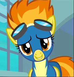 Size: 900x941 | Tagged: safe, derpibooru import, screencap, spitfire, pegasus, pony, newbie dash, clothes, cropped, cute, cutefire, female, folded wings, goggles, grin, looking at you, mare, smiling, solo, uniform, wings, wonderbolts uniform