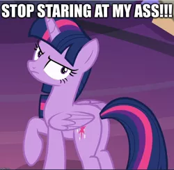 Size: 966x942 | Tagged: alicorn, angry, butt, caption, cropped, derpibooru import, edit, edited screencap, editor:useraccount, image macro, looking at you, looking back, meme, plot, raised hoof, screencap, solo, suggestive, text, the beginning of the end, twilight is not amused, twilight sparkle, twilight sparkle (alicorn), unamused, vulgar