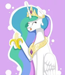 Size: 446x515 | Tagged: safe, artist:kayotanv87, derpibooru import, princess celestia, alicorn, pony, abstract background, banana, bananalestia, eyes closed, female, food, hoof hold, jewelry, mare, regalia, simple background, sitting, smiling, solo, tongue out, white background