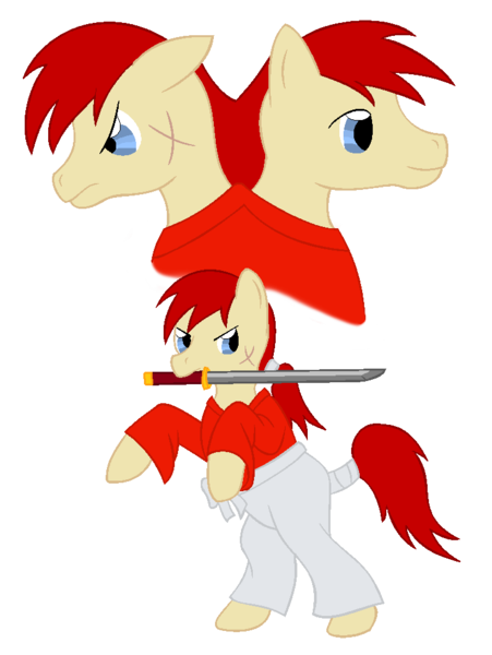 Size: 755x1004 | Tagged: safe, artist:chili19, derpibooru import, ponified, earth pony, pony, bust, clothes, himura kenshin, katana, male, mouth hold, rearing, rurouni kenshin, scarf, simple background, stallion, sword, tail wrap, transparent background, weapon