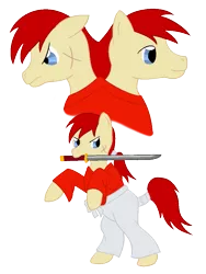 Size: 755x1004 | Tagged: safe, artist:chili19, derpibooru import, ponified, earth pony, pony, bust, clothes, himura kenshin, katana, male, mouth hold, rearing, rurouni kenshin, scarf, simple background, stallion, sword, tail wrap, transparent background, weapon