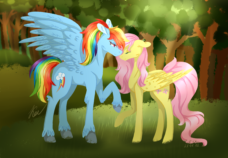 Size: 2942x2039 | Tagged: safe, artist:kayotanv87, derpibooru import, fluttershy, rainbow dash, pegasus, pony, alternate hairstyle, crepuscular rays, cutie mark, eyes closed, feathered fetlocks, female, floppy ears, flutterdash, forest, lesbian, lidded eyes, mare, ponytail, raised hoof, shipping, size difference, smiling, spread wings, wings