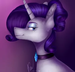 Size: 2493x2406 | Tagged: safe, artist:kayotanv87, derpibooru import, rarity, pony, unicorn, bust, choker, ear fluff, female, gradient background, lidded eyes, looking back, mare, profile, smiling, smirk, solo