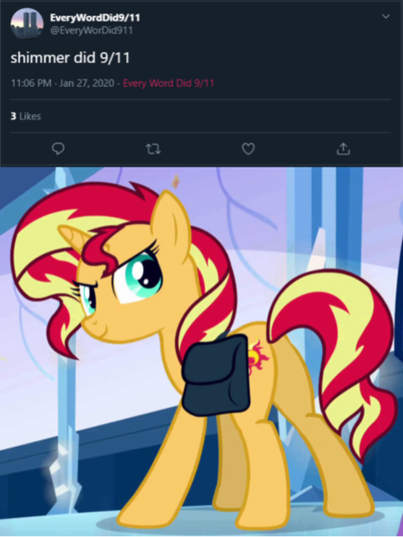 Size: 540x720 | Tagged: safe, derpibooru import, edit, edited screencap, editor:countcoltnackh, screencap, sunset shimmer, pony, unicorn, equestria girls, equestria girls (movie), 9/11, cropped, exploitable meme, meme, meta, solo, twitter