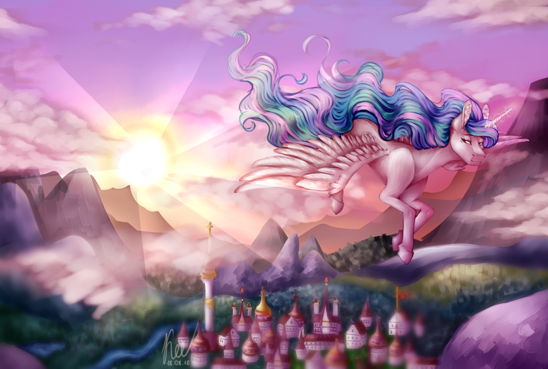 Size: 2982x2010 | Tagged: safe, artist:kayotanv87, derpibooru import, princess celestia, alicorn, pony, beautiful, crepuscular rays, female, flying, glowing horn, horn, lidded eyes, looking back, mare, missing accessory, mountain, mountain range, river, scenery, smiling, solo, spread wings, sun, sunrise, town, village, wings