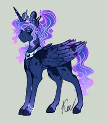 Size: 1538x1790 | Tagged: safe, artist:kayotanv87, derpibooru import, princess luna, alicorn, pony, alternate hairstyle, alternate universe, bracelet, chest fluff, dappled, female, hair wrap, headcanon, horn, horn jewelry, jewelry, lidded eyes, mare, no mouth, ponytail, regalia, simple background, solo