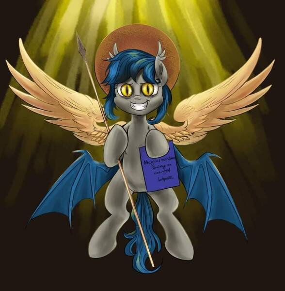 Size: 900x918 | Tagged: safe, artist:ce2438, derpibooru import, oc, oc:moorish delight, bat pony, blue mane, flying, gray coat, grin, smiling