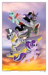 Size: 647x1000 | Tagged: safe, artist:tonyfleecs, derpibooru import, king sombra, ocellus, starlight glimmer, zecora, changedling, changeling, pony, umbrum, unicorn, zebra, female, flying, harmonycon, harmonycon 2020, leaping, male, mare, stallion