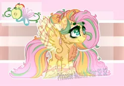 Size: 1024x714 | Tagged: safe, artist:princess3342ofc, derpibooru import, oc, oc:applekind, pegasus, pony, abstract background, cheek fluff, chest fluff, cute, cutie mark, female, floppy ears, fluffy, freckles, green eyes, heart eyes, hoof fluff, long mane, mare, multicolored hair, ocbetes, offspring, parent:big macintosh, parent:fluttershy, parents:fluttermac, pink background, simple background, smiling, solo, watermark, wing freckles, wingding eyes, wings