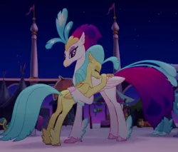 Size: 791x675 | Tagged: canterlot, celebration, classical hippogriff, claws, cropped, cute, derpibooru import, duo focus, eyeshadow, female, folded wings, happy ending, hippogriff, hug, lidded eyes, makeup, mother and child, mother and daughter, my little pony: the movie, night, nuzzling, princess skystar, proud, queen novo, reunion, safe, screencap, skyabetes, smiling, talons, teenager, wings, you are so grounded